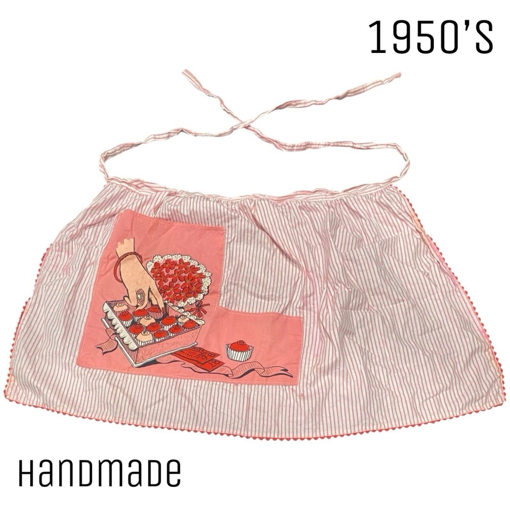 VTG 1950s Pink Striped Half Apron Valentine Flower Box Painted Kitchen Hostess
